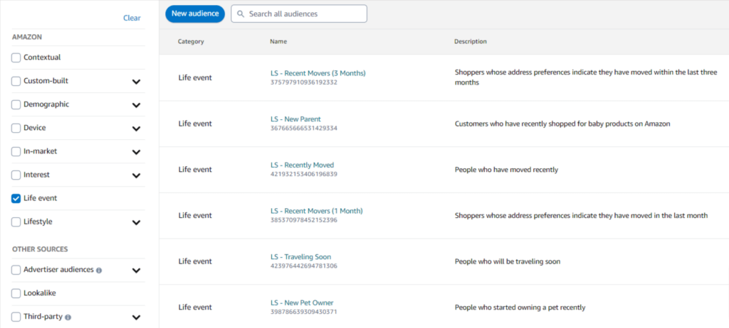 Amazon DSP targeting - life event