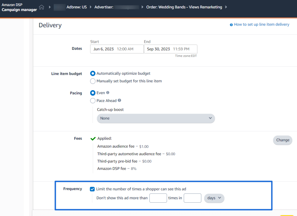 Frequency capping in Amazon DSP line items