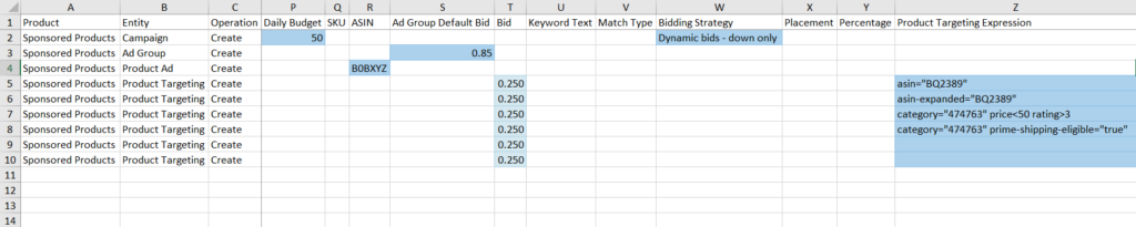 product target bulk sheet