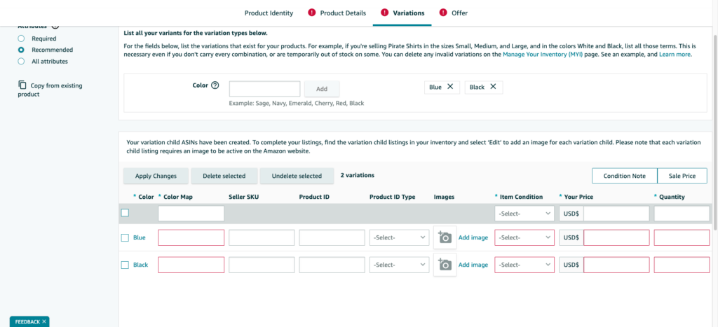 create amazon variation